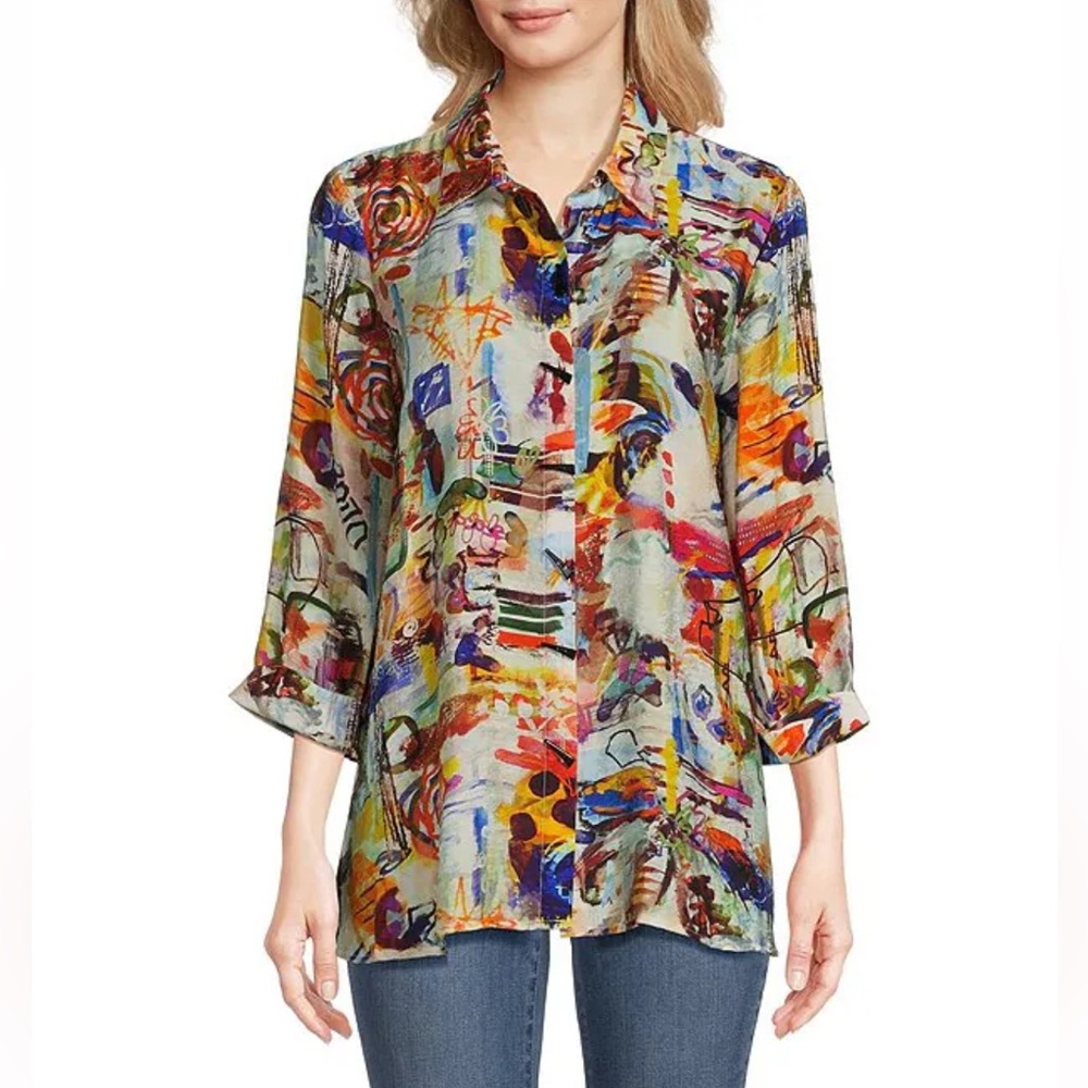 NWT Ali Miles Petite Size PL  Abstract Print Collared 3/4 Cuffed Sleeve Tunic